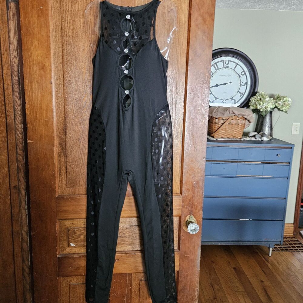 Black Bodysuit Lingerie Set Sheer & Solid Mesh Size Medium Sexy Polka Dots NEW‎